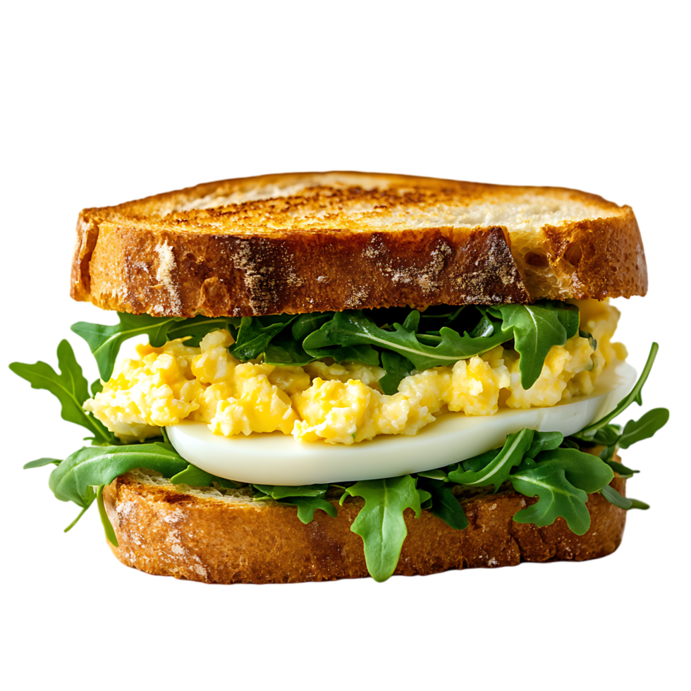 Scrambled egg and hard boiled egg sandwich with arugula isolated on transparent background png