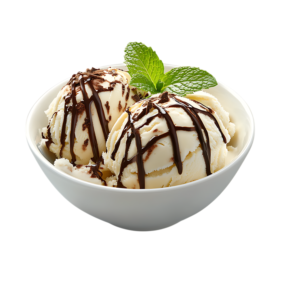 Vanilla ice cream with chocolate sauce and mint garnish isolated on a a transparent background png