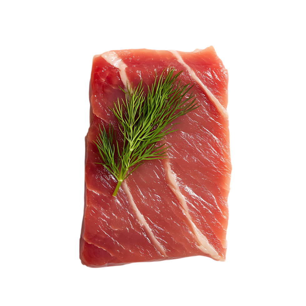 Raw pork tenderloin slice with dill garnish isolated on transparent background png