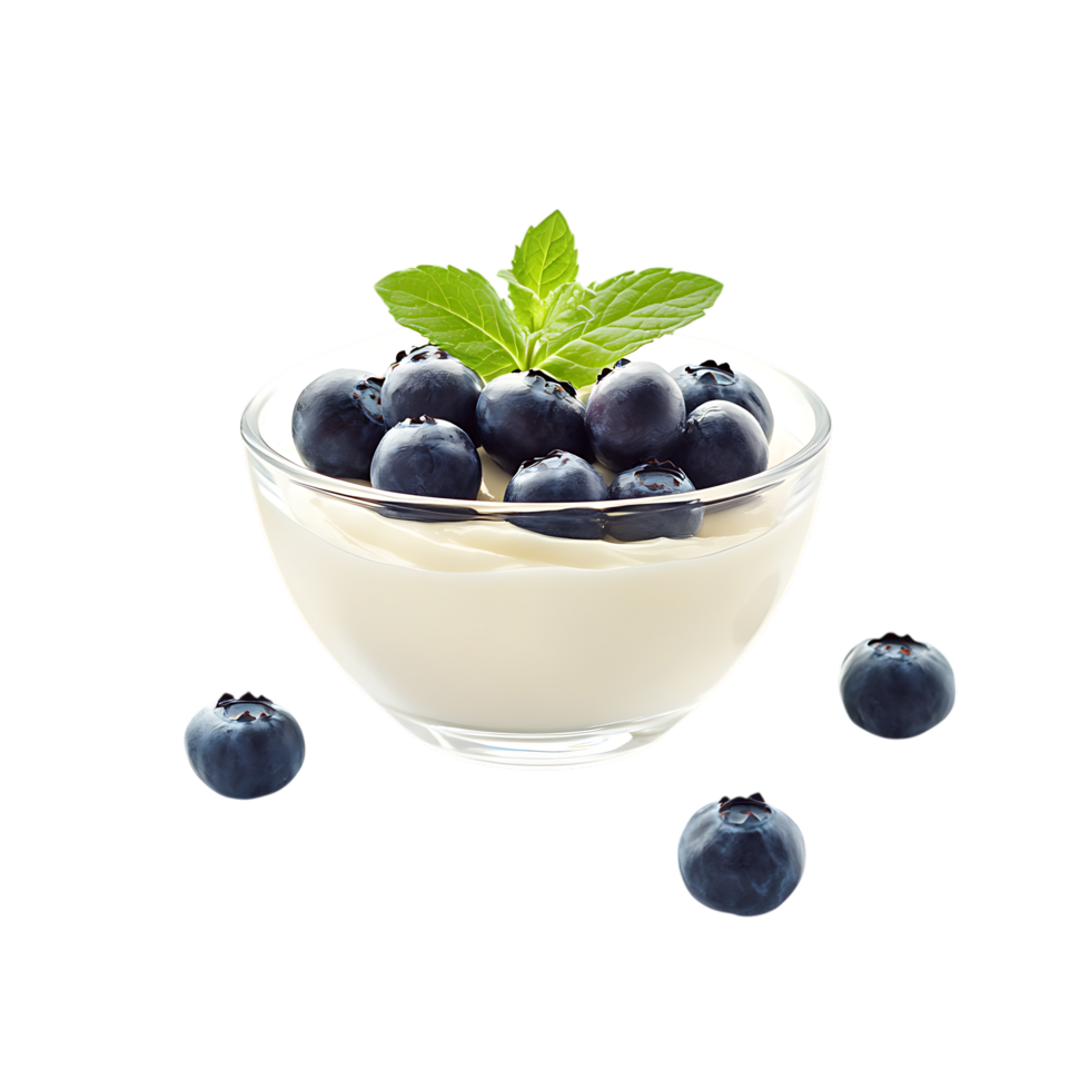 Yogurt with blueberries and mint in glass bowl isolated on transparent background png