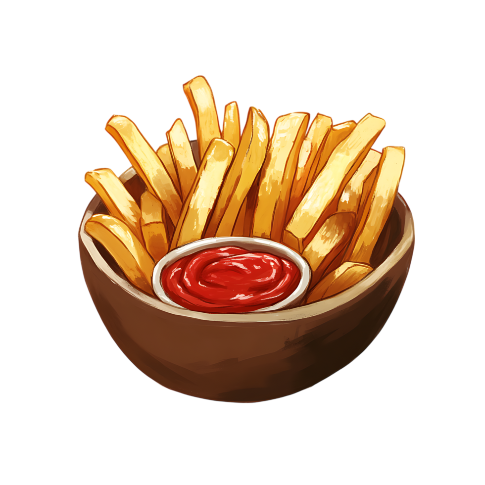 A French fries in a bowl with ketchup isolated on a a transparent background png