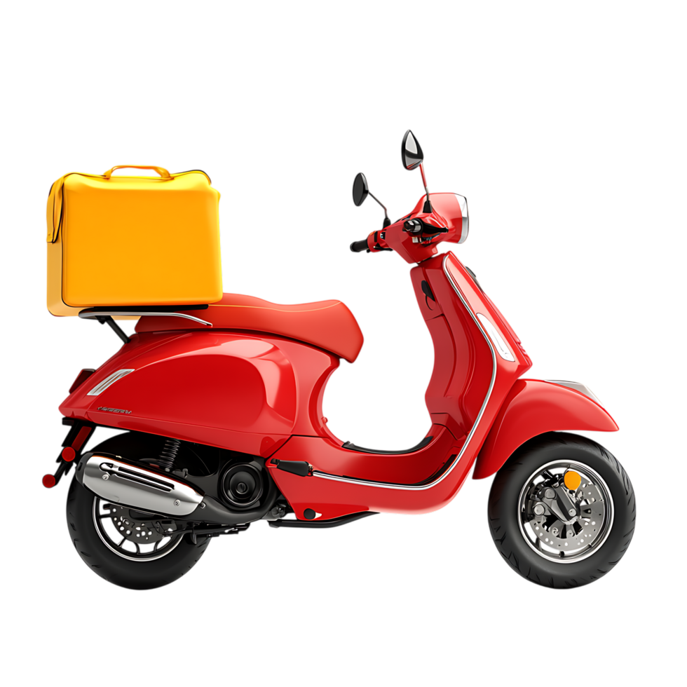 Red scooter with yellow suitcase isolated on transparent background png