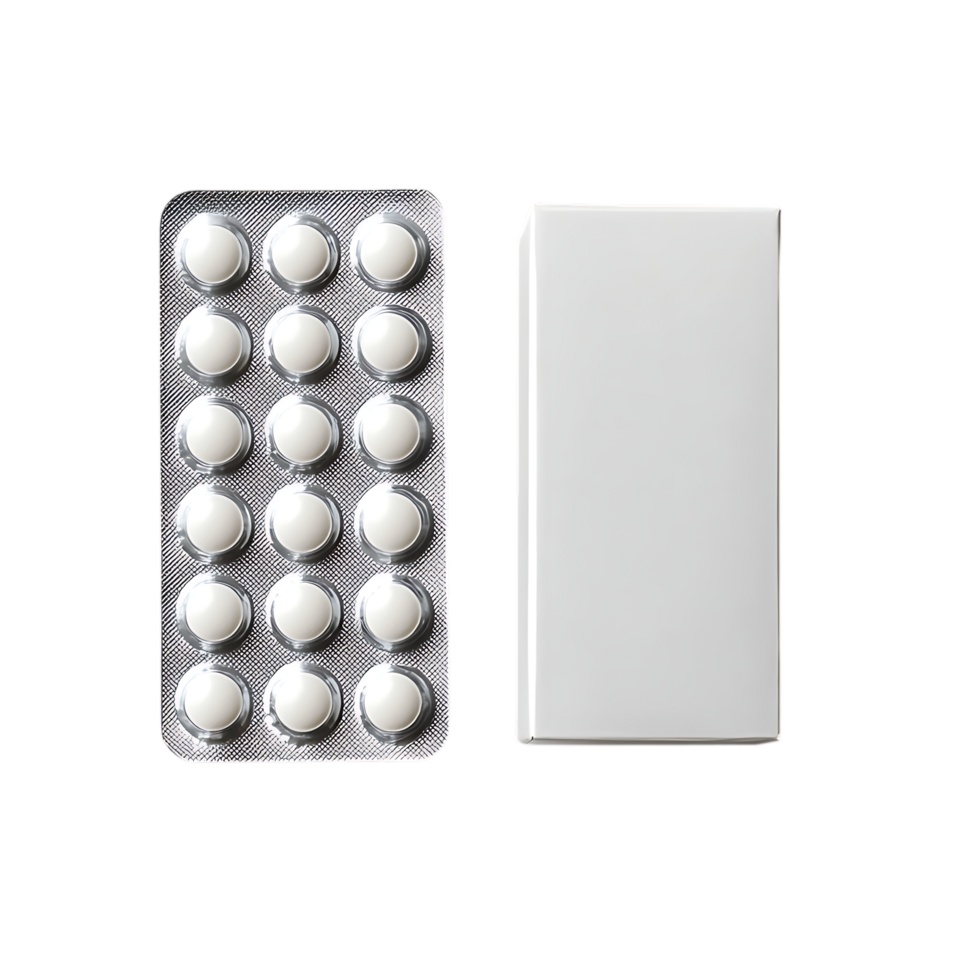 White pills in blister pack and blank box isolated on a a transparent background png