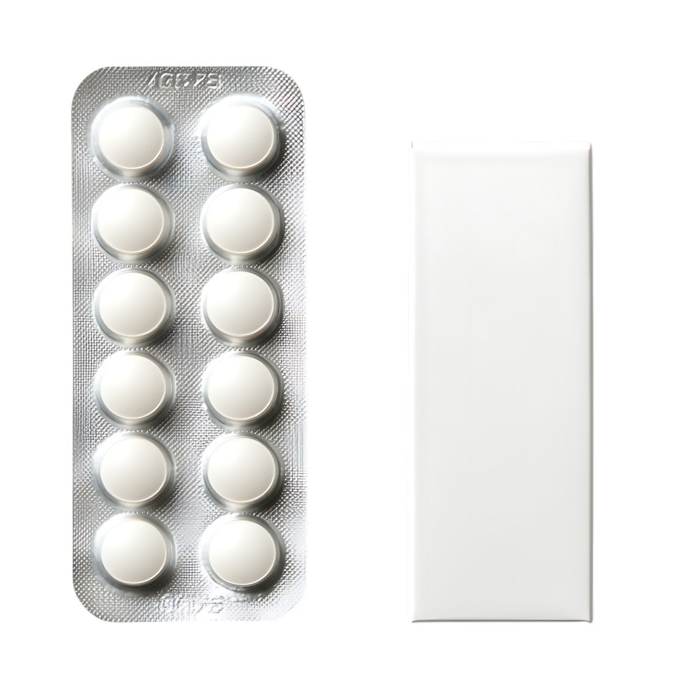 Blister pack of pills and blank leaflet isolated on transparent background png