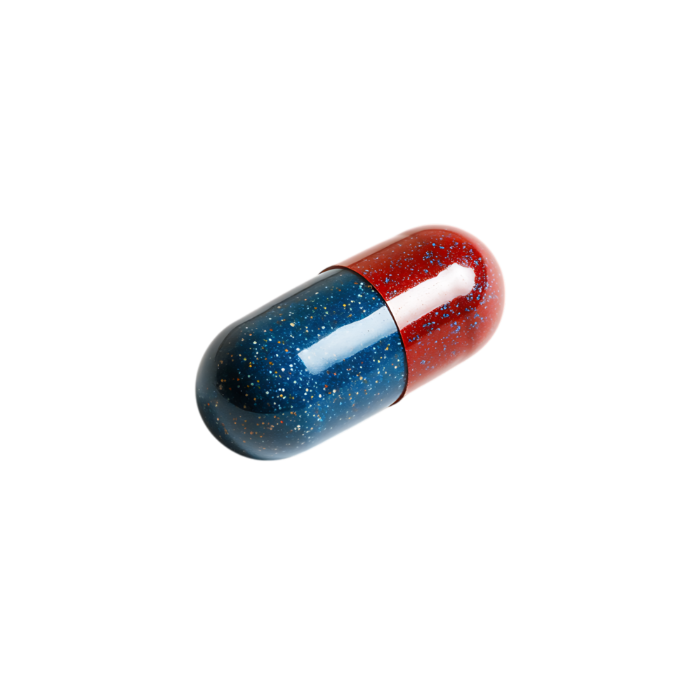 Speckled blue and red capsule pill isolated on transparent background png