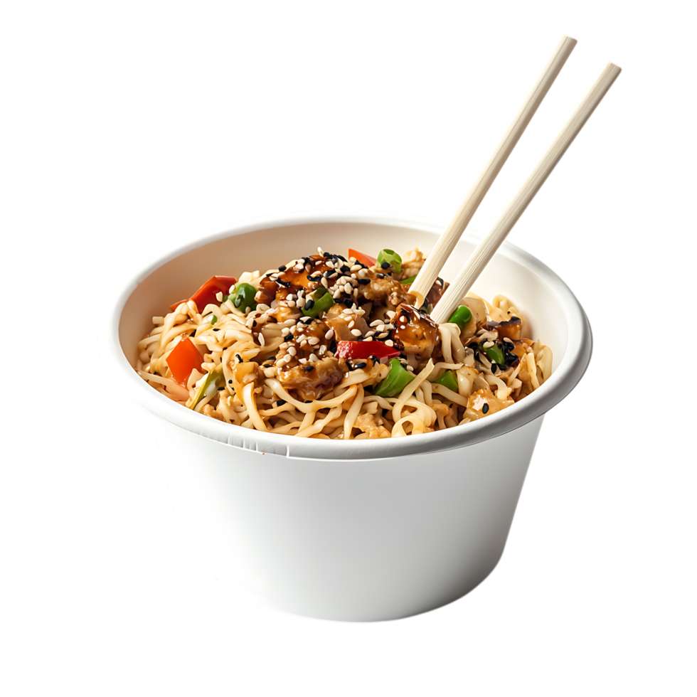 Delicious noodles in a white bowl with chopsticks isolated on transparent background png