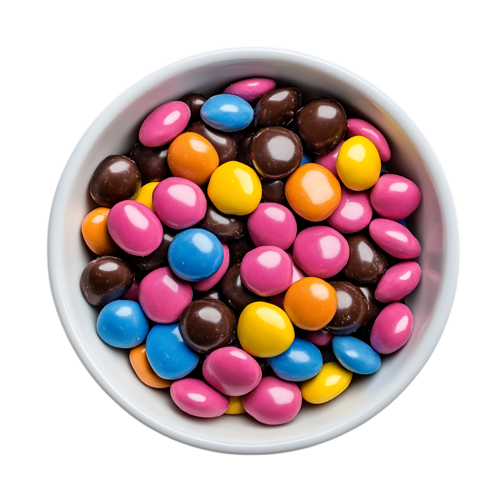 Colorful chocolate candies in a white bowl isolated on a transparent background png