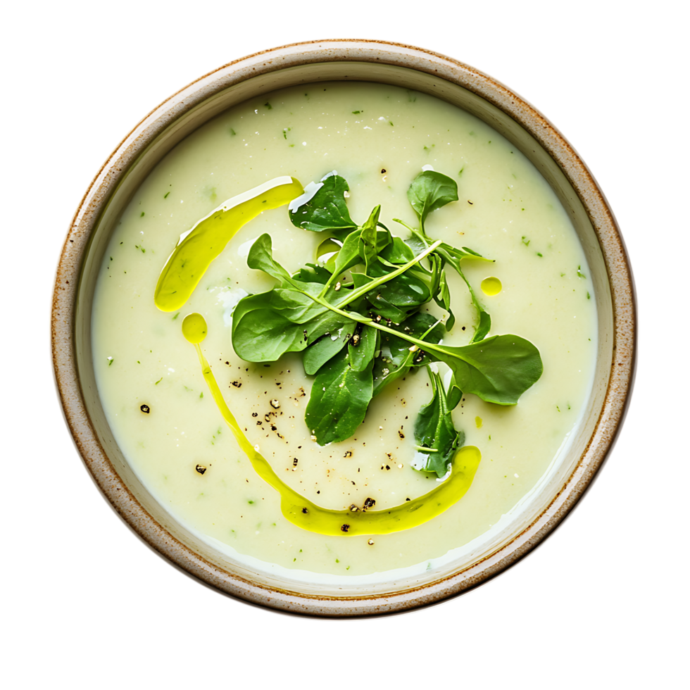 Creamy green soup in bowl with garnish isolated on transparent background png