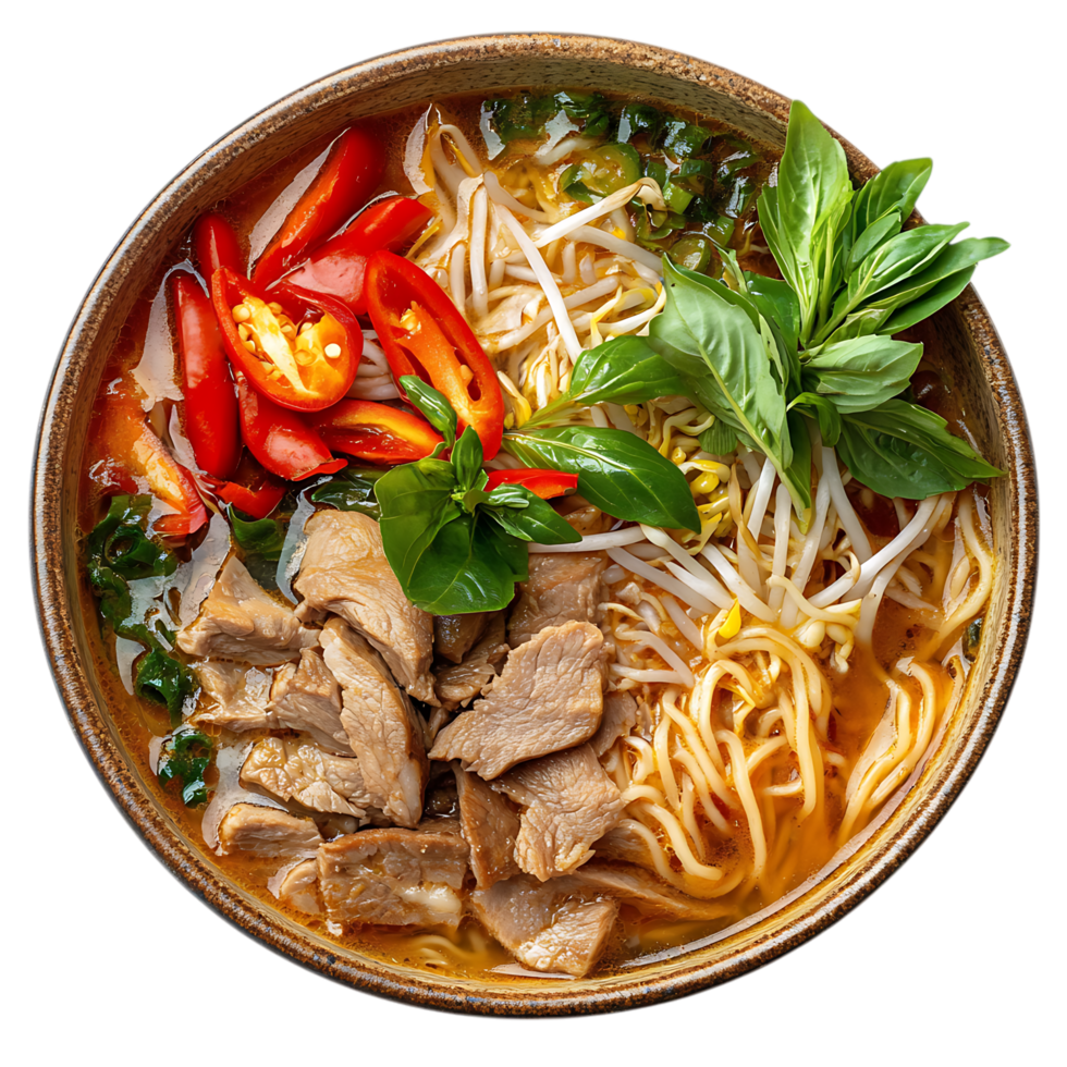 Delicious asian noodle soup with meat isolated on transparent background png