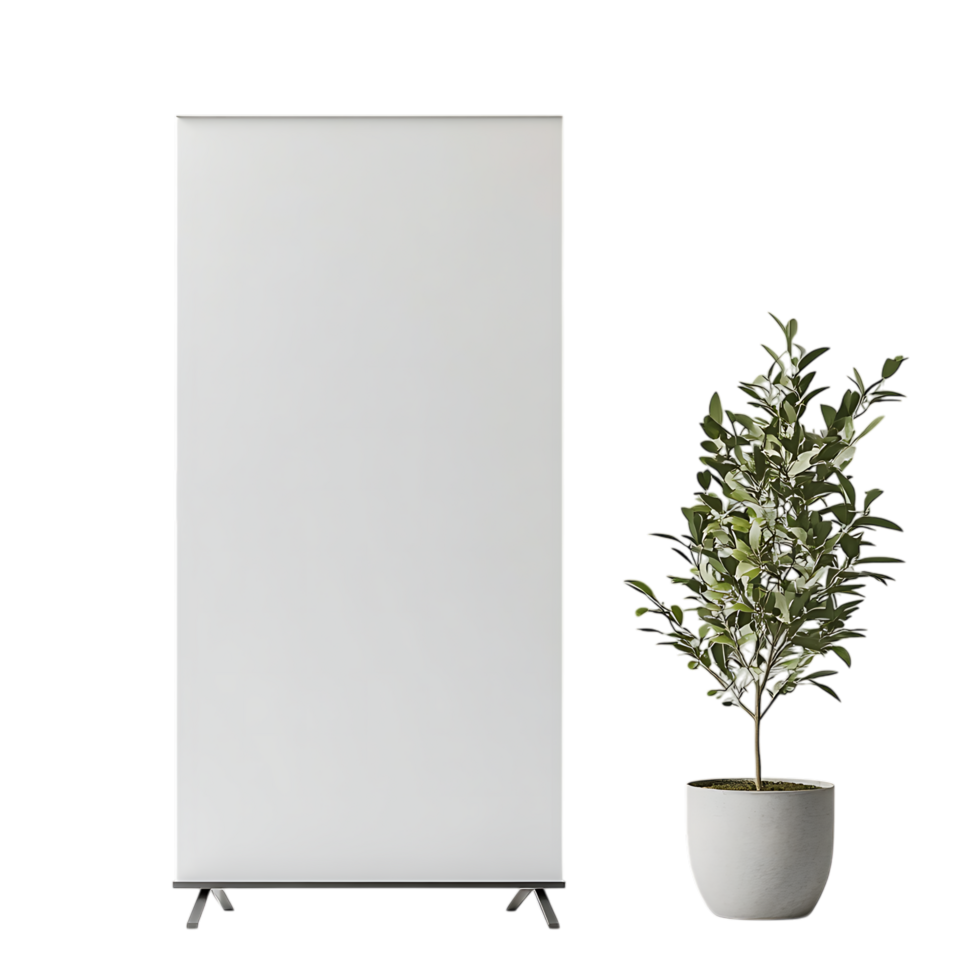 Blank roll up banner with potted plant isolated on transparent background png