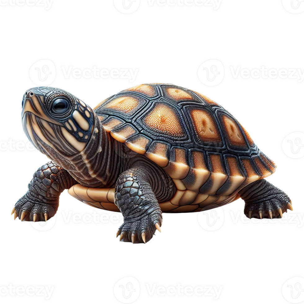 A turtle is seen resting on a sandy surface, showcasing its unique shell patterns and colors. The natural light highlights its textured skin and lively eyes in a serene environment png