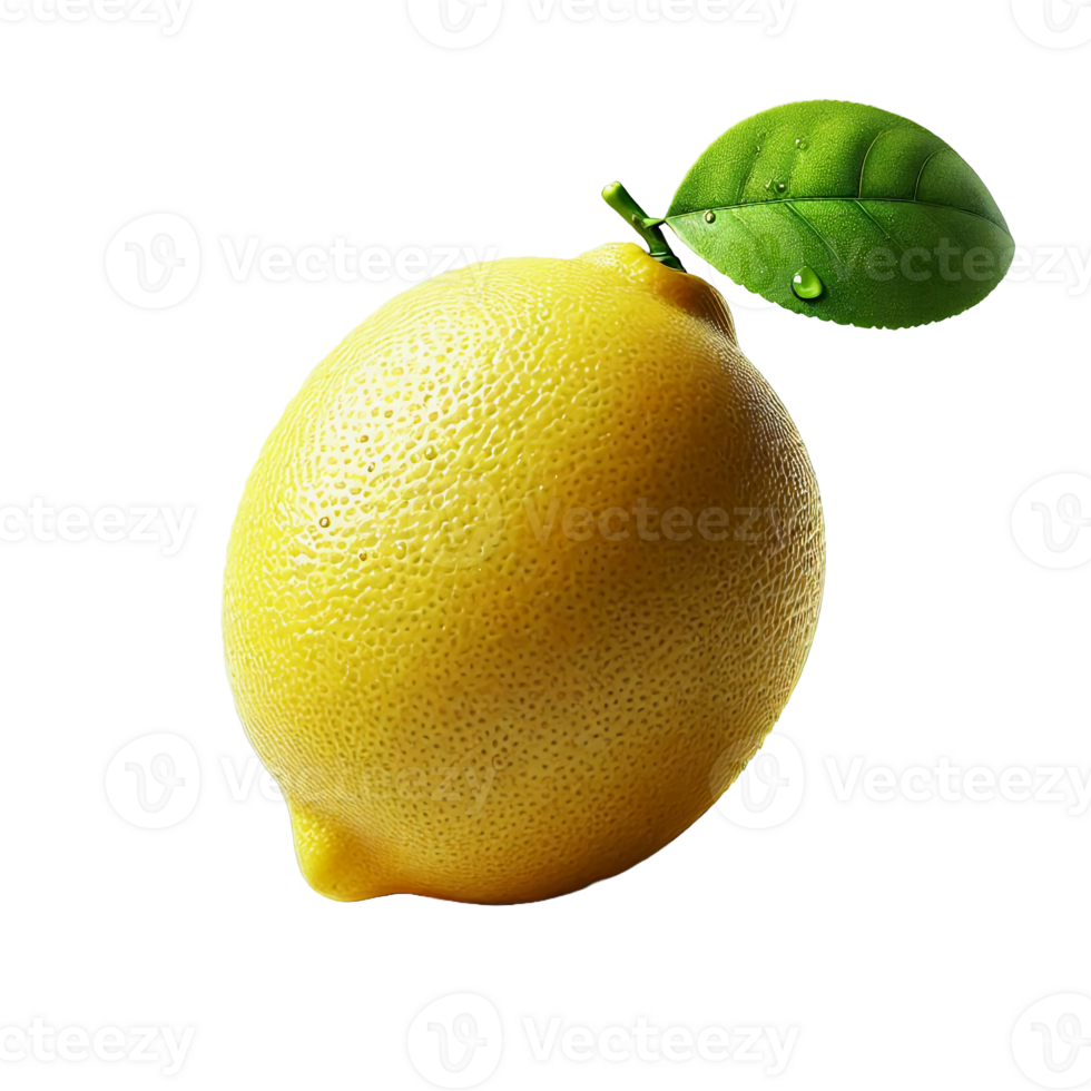 A ripe lemon sits against a bright background, showcasing its yellow skin and glossy green leaf. The piece is fresh and perfect for cooking, beverages, and enhancing decor png