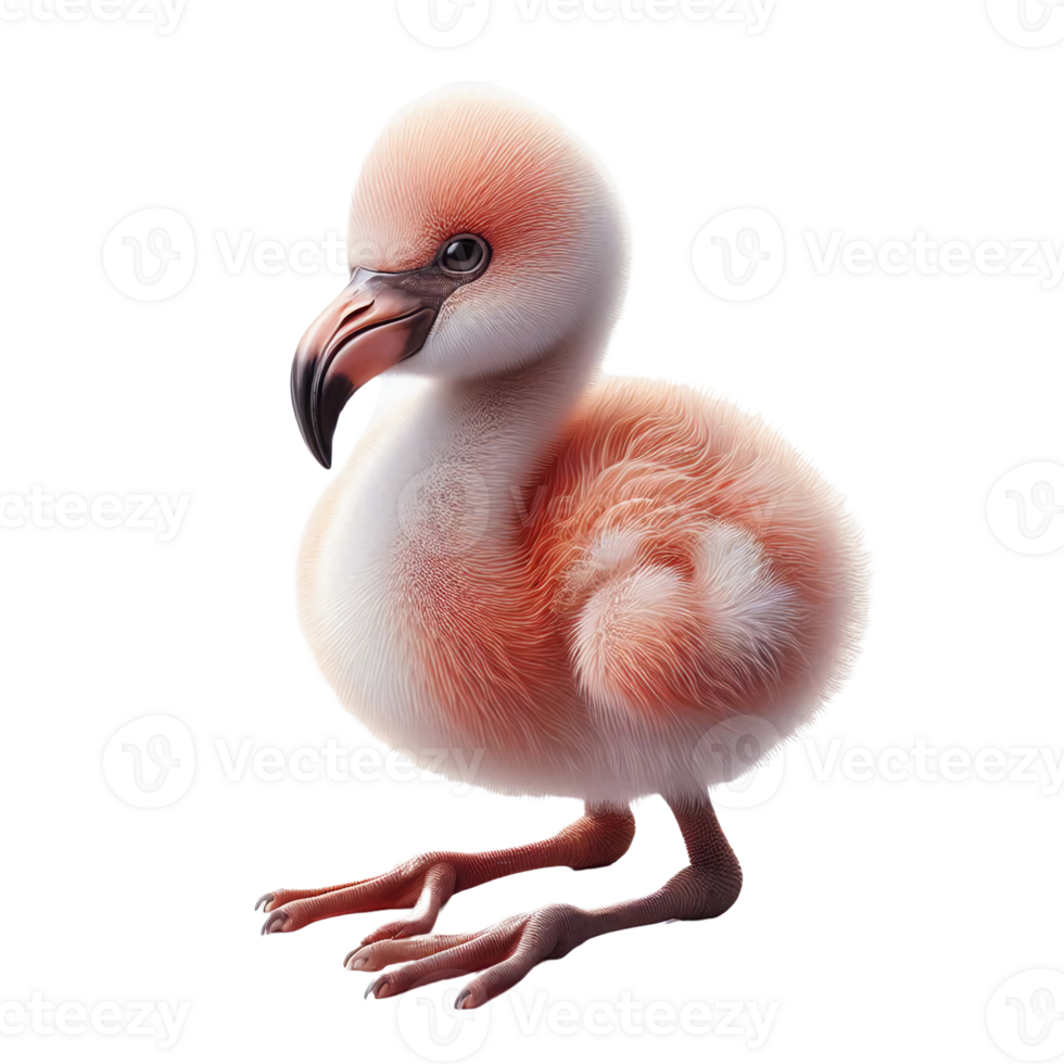 A small, fluffy flamingo chick stands upright with soft feathers in shades of pink and white, showcasing its delicate features and curious expression against a plain background png