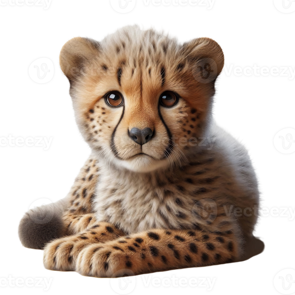 A young cheetah cub relaxes on a smooth surface, showcasing its soft, spotted fur and expressive eyes. The adorable animal appears calm and curious, capturing attention effortlessly png
