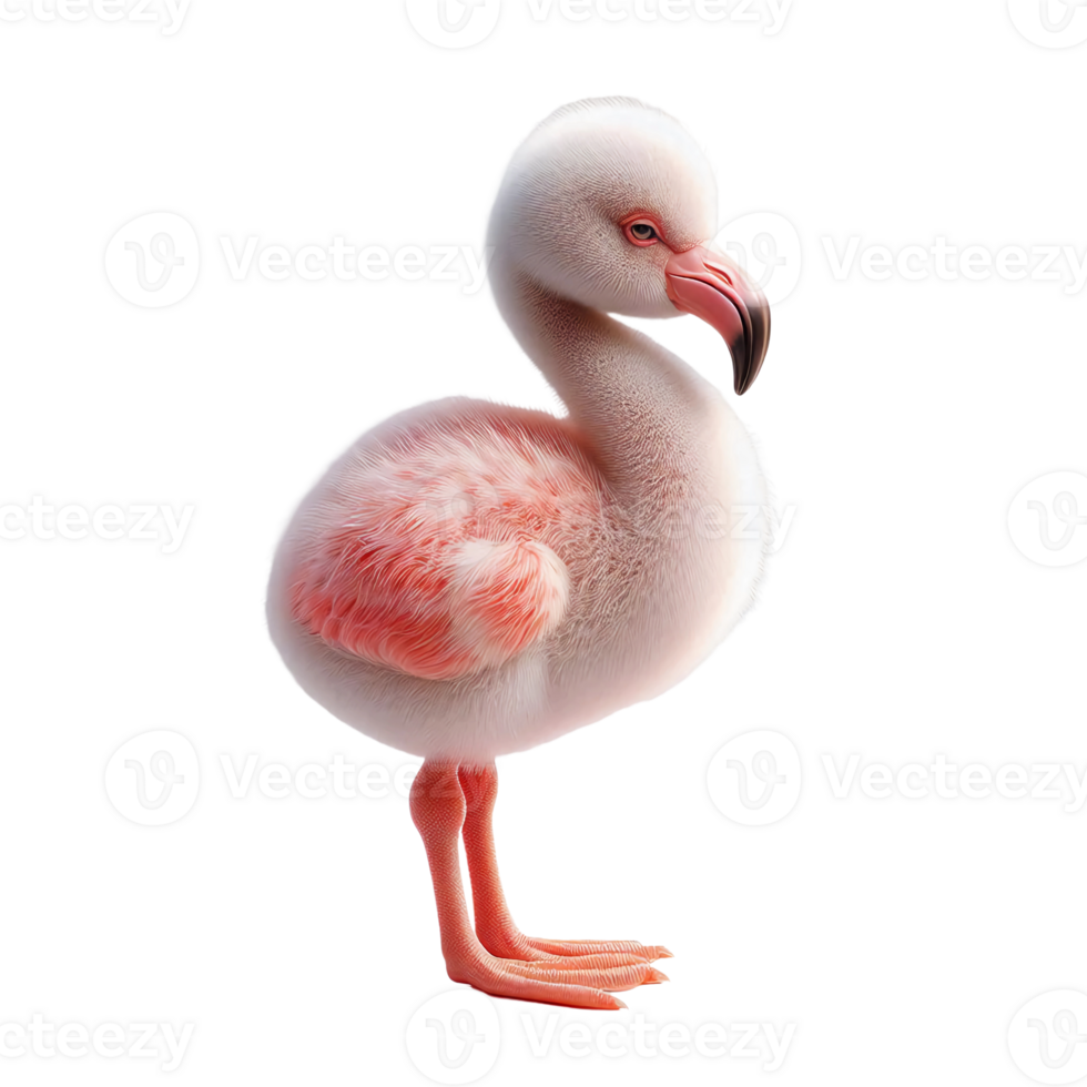 A young flamingo stands upright, showcasing its soft, fluffy feathers in shades of pink and white. Its eyes sparkle in the daylight, creating a moment of tranquility png