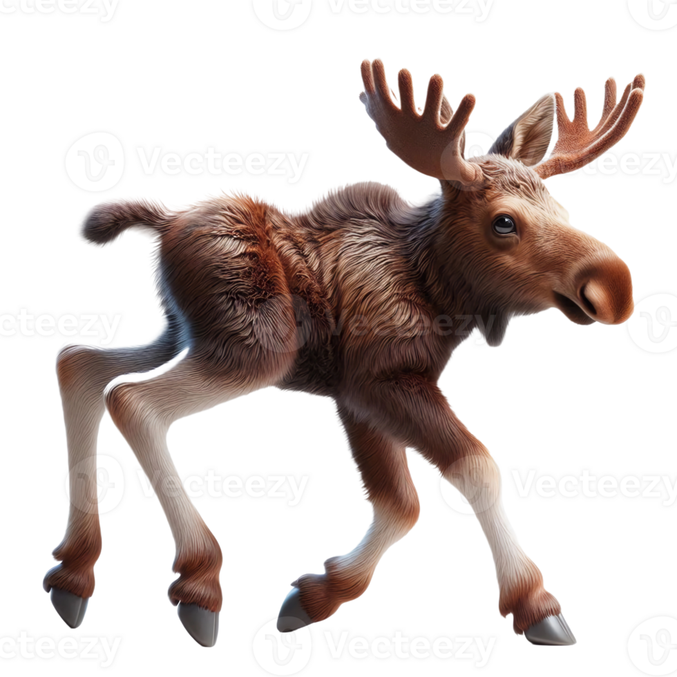 A young moose is joyfully trotting through a lush forest during a bright day. The surrounding greenery highlights its playful nature and youthful energy in the wild png