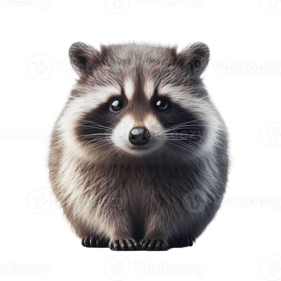 A charming raccoon sits quietly, its round body and soft fur creating an endearing sight. Its large, expressive eyes capture attention in this delightful moment of calmness png