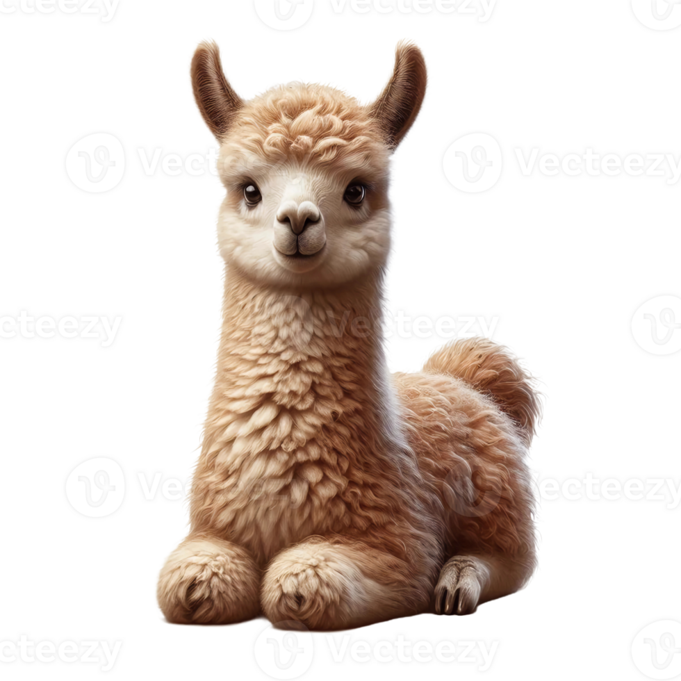 A young llama lies comfortably on a soft surface, displaying its fluffy coat and endearing expression. The setting emphasizes its playful and gentle nature, inviting a closer look png