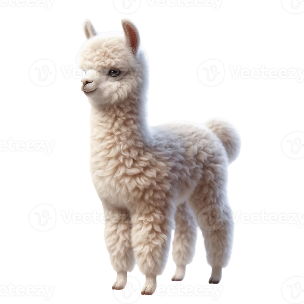 A fluffy white alpaca stands in a bright space, showcasing its soft fur and curious expression. Its small ears perk up as it looks ahead, creating an adorable presence png
