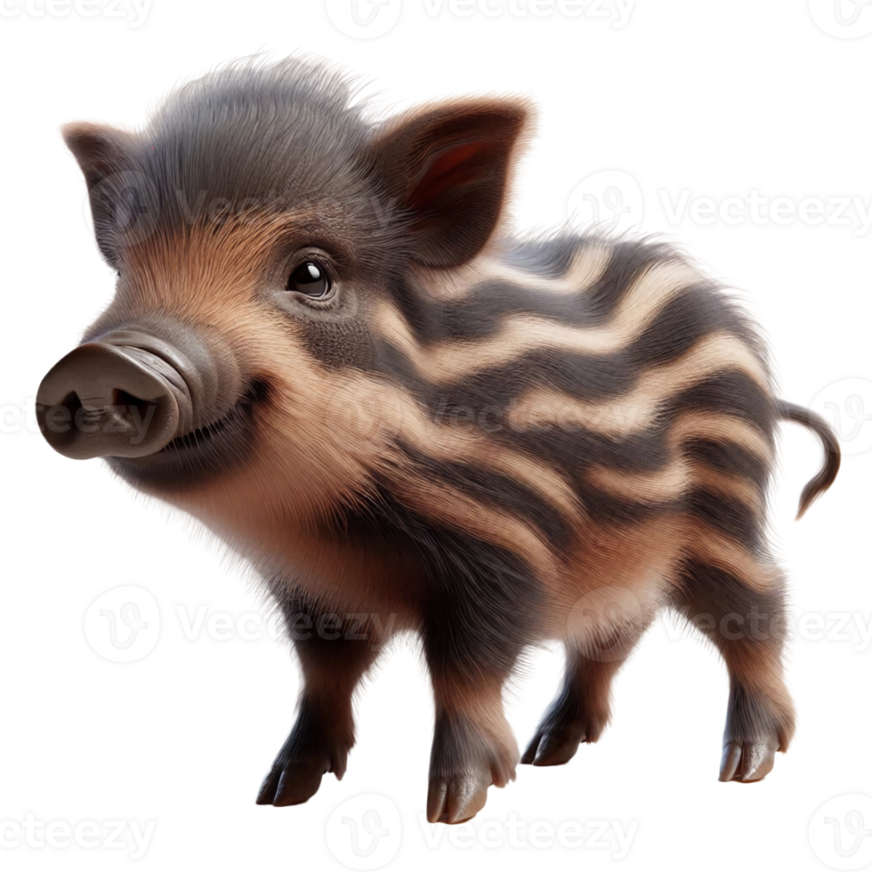 A playful piglet with unique striped fur stands on all fours, showcasing its vibrant and fluffy coat. The surroundings suggest a sunny day at a lively farm, enhancing its charm png