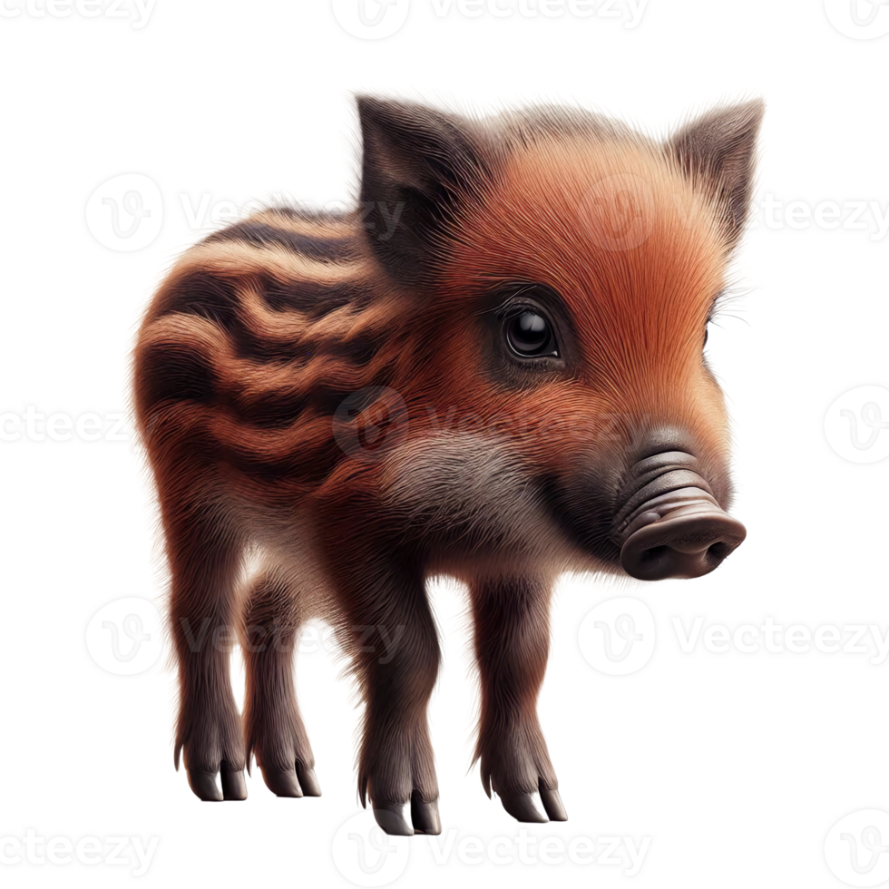 A small wild boar with soft fur and striped markings stands playfully. Its large eyes and compact body suggest curiosity. The background is simple and white, emphasizing its features png