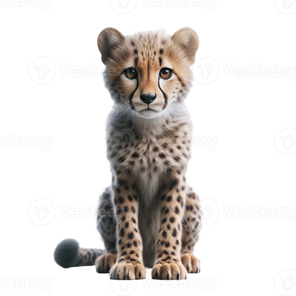 A young cheetah, with vibrant eyes and unique spots, sits attentively. The animal displays an inquisitive demeanor, showcasing its charm in a simple studio background png
