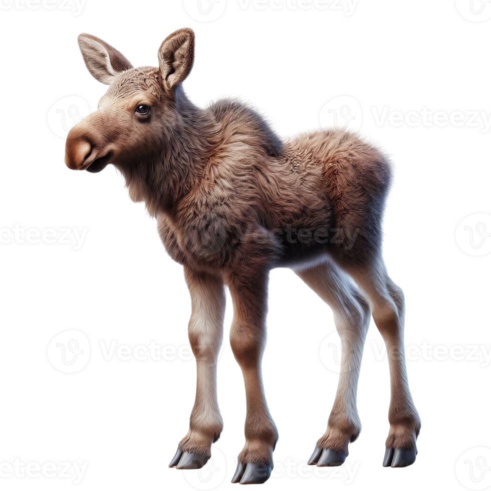 A young moose stands calmly with soft fur and gentle features. Its large eyes and sturdy legs highlight its youthful presence in a tranquil setting png