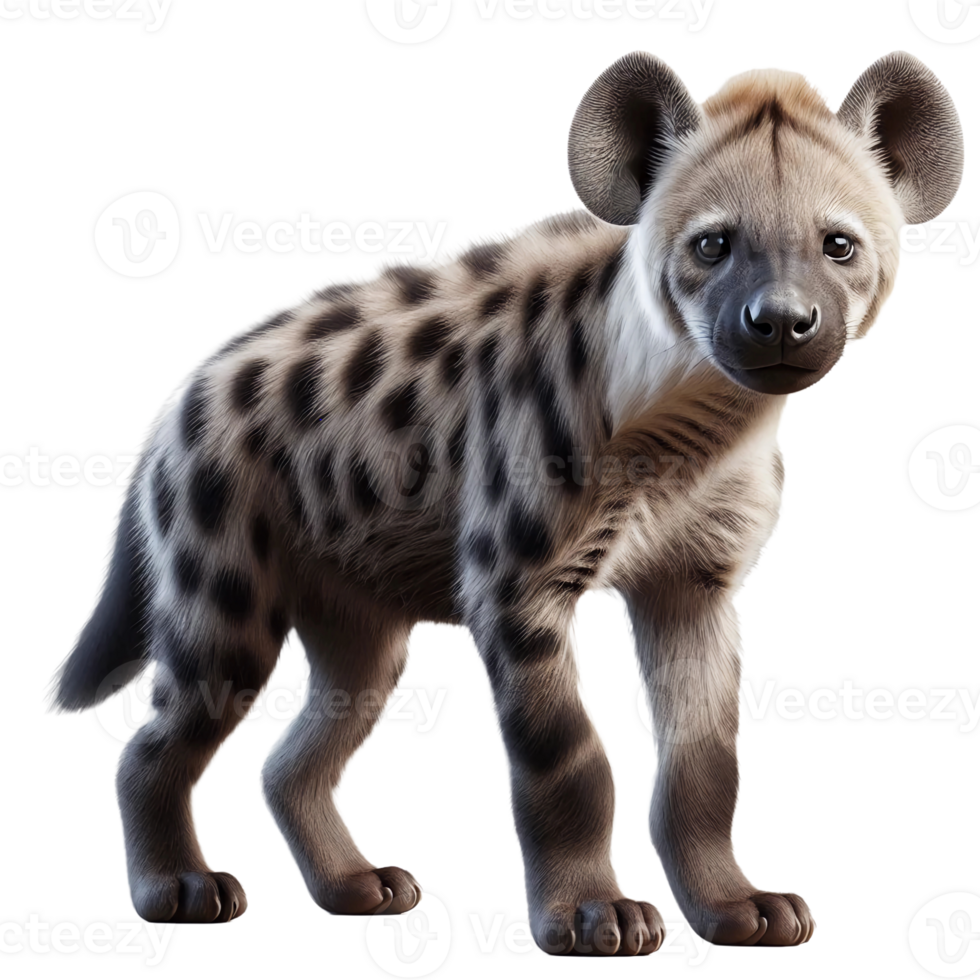 A young hyena cub stands playfully with soft fur and unique spots, showcasing curiosity and innocence in its natural environment during the day. The cub's charming expression adds to its allure png