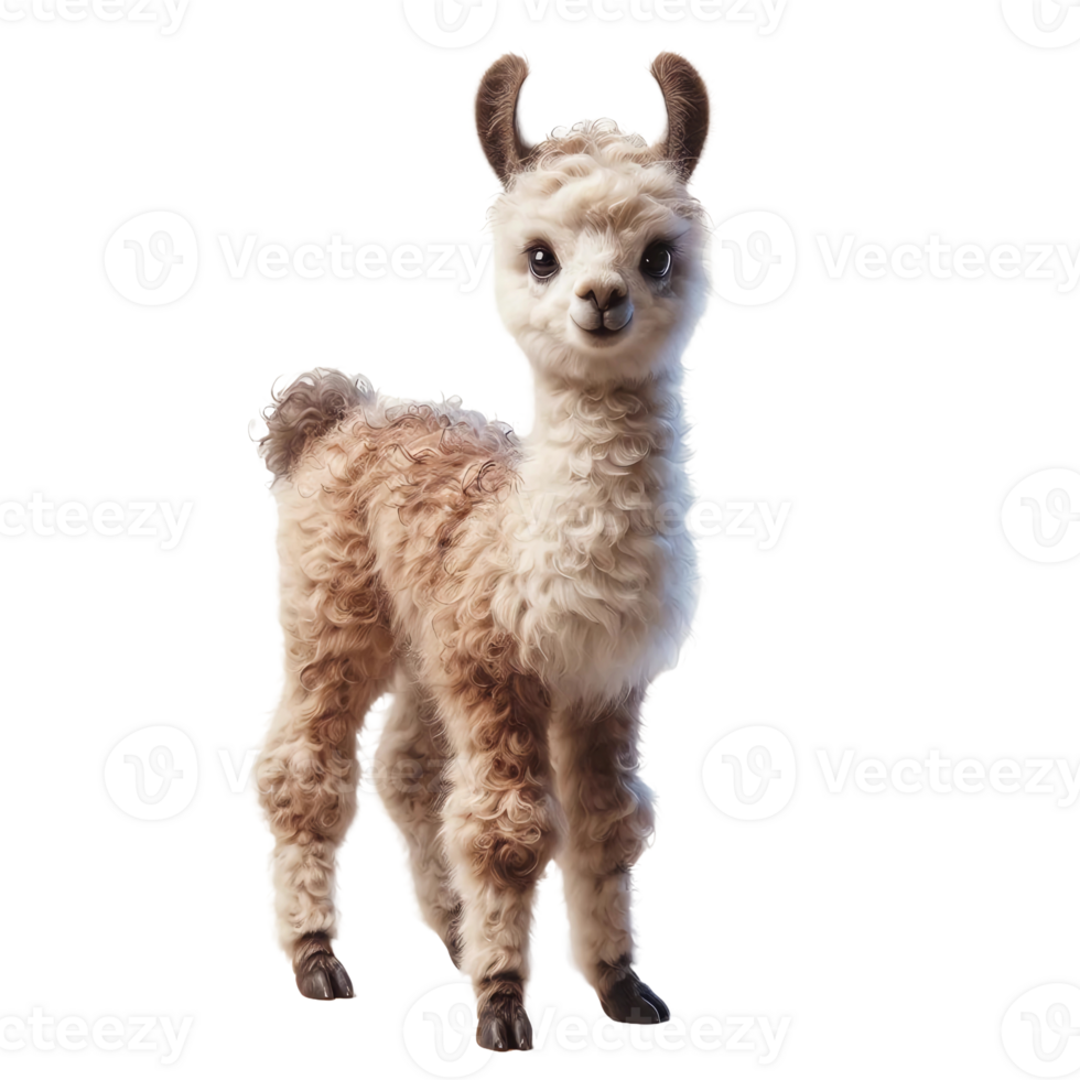 A cute baby llama is exploring its surroundings, showcasing its soft, curly coat in shades of brown and white. It appears inquisitive and playful in bright natural light png