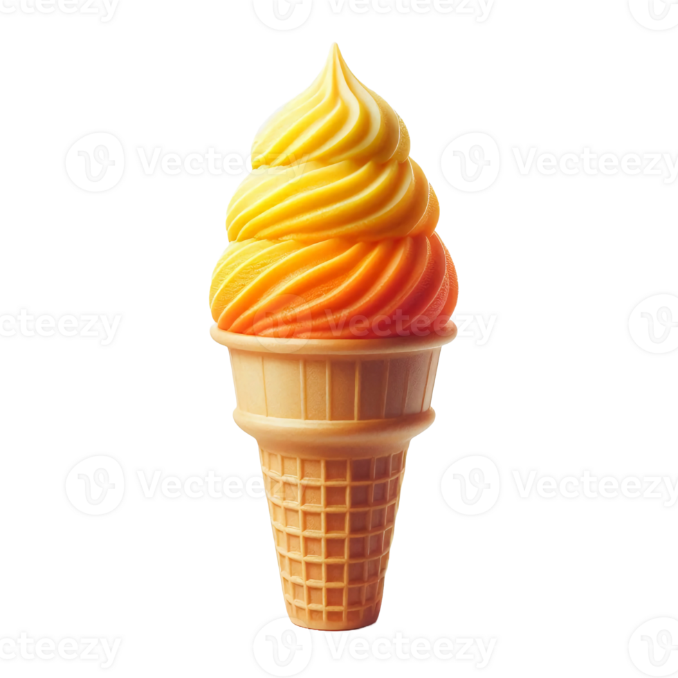 A vibrant ice cream cone features swirls of orange and yellow soft serve cream topped with a light fluffy texture. Perfect for enjoying on a hot day at a local dessert shop png