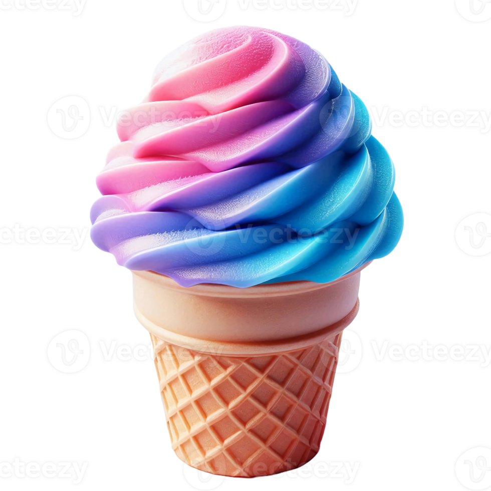 A beautifully swirled ice cream cone showcases bright pink and blue ice cream in a waffle cone. This colorful treat is perfect for warm days and invites a feeling of joy and indulgence png