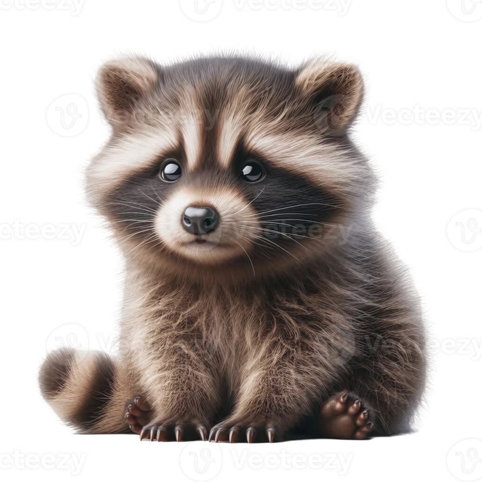 A fluffy raccoon cub sits on the ground with a cute expression, its round eyes full of curiosity. The soft fur and striped tail add to its adorable appearance, evoking a sense of innocence png