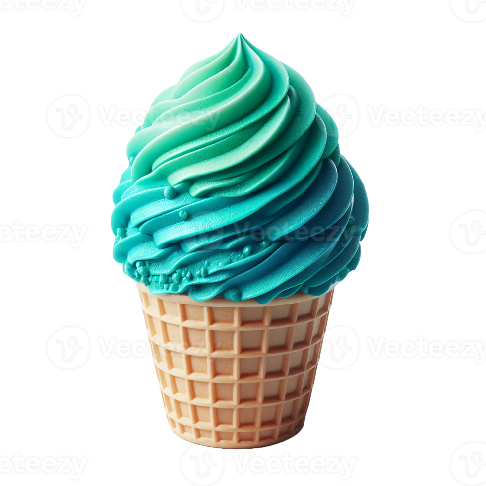 A tempting soft serve ice cream in vibrant shades of blue and green swirls atop a waffle cone. The delicious treat looks ready to be enjoyed, capturing attention with its colors png