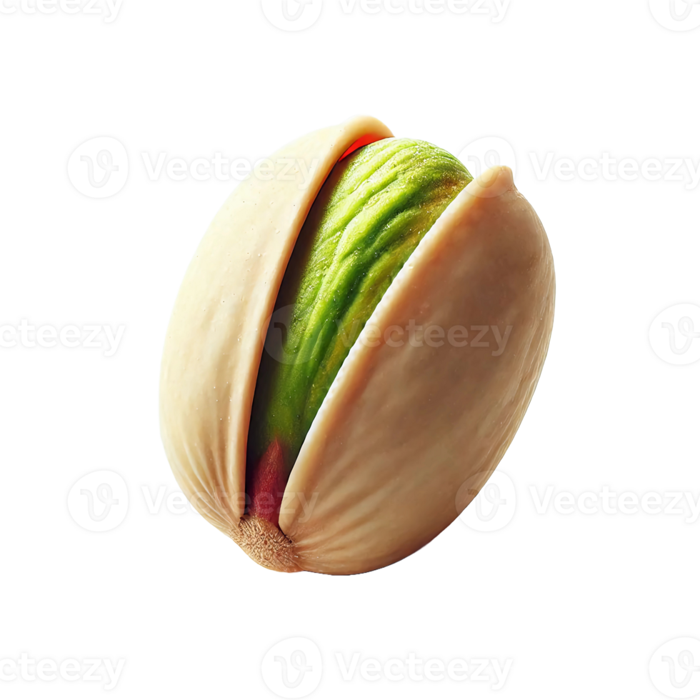 A close-up view of a pistachio nut partially open, revealing its bright green interior against a smooth, light-colored surface, capturing its natural colors and texture png