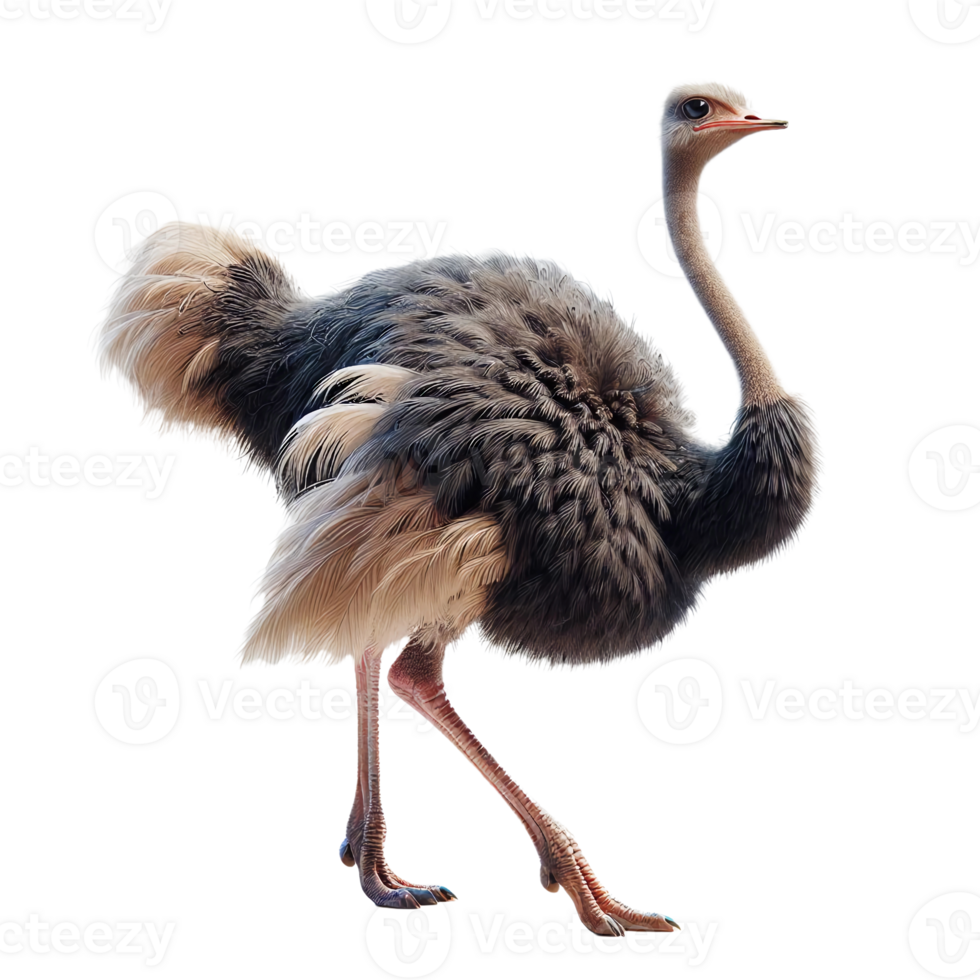 An ostrich is walking confidently with its neck extended and feathers fluffed png