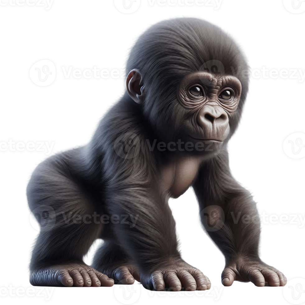 A young gorilla stands upright, gazing with curiosity in a natural environment. Its playful stance and expressive face capture the charm of this adorable primate in soft afternoon light png