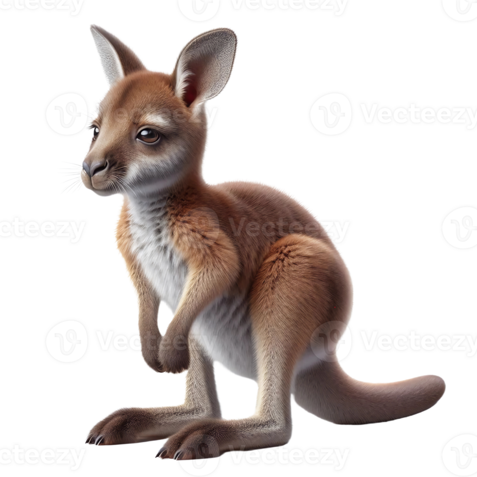 A young kangaroo is standing upright, showcasing its soft fur and curious eyes. The animal appears playful and approachable, set against a simple background png