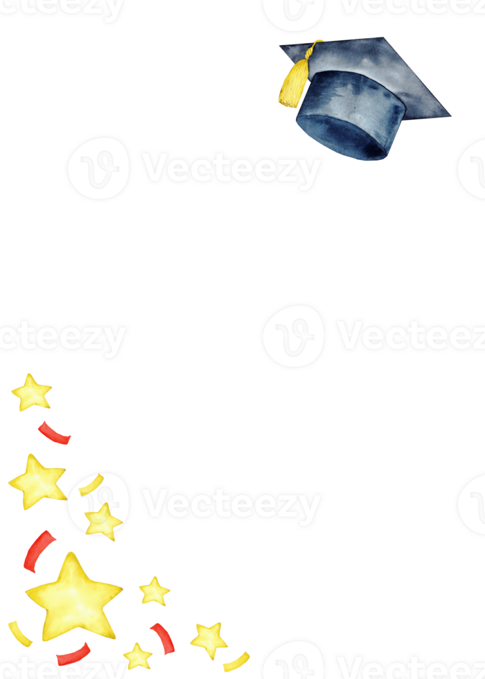 Graduation celebration frame design with cap and stars. End of course. Vertical template for certificate, diploma, invitation, card. Copy space. Education concept. For university, institute, school png