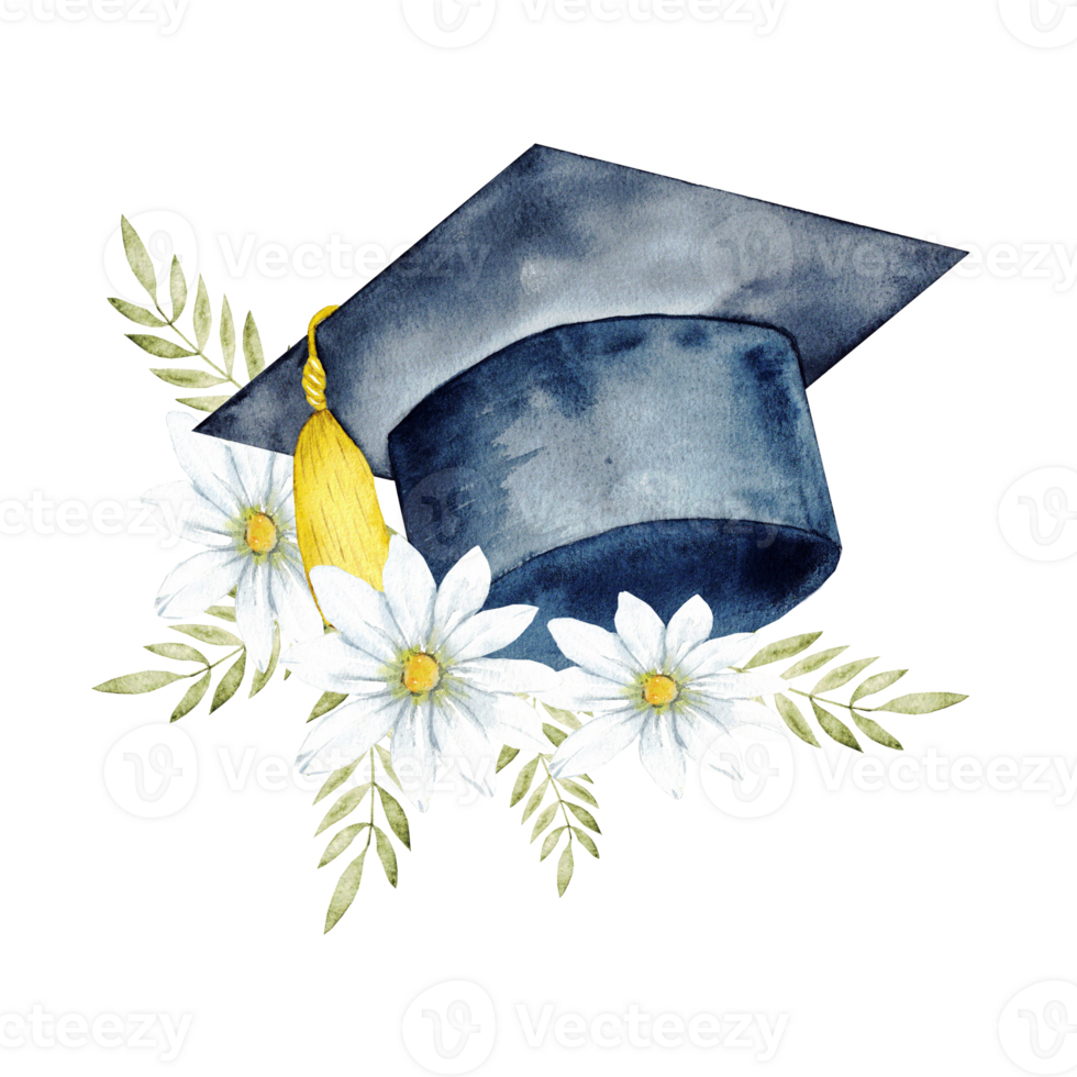 Academic achievement celebration with floral graduation cap design. End of course. For certificate, diploma, invitation, card. Isolated. Education concept. Graduation, university, institute, school png