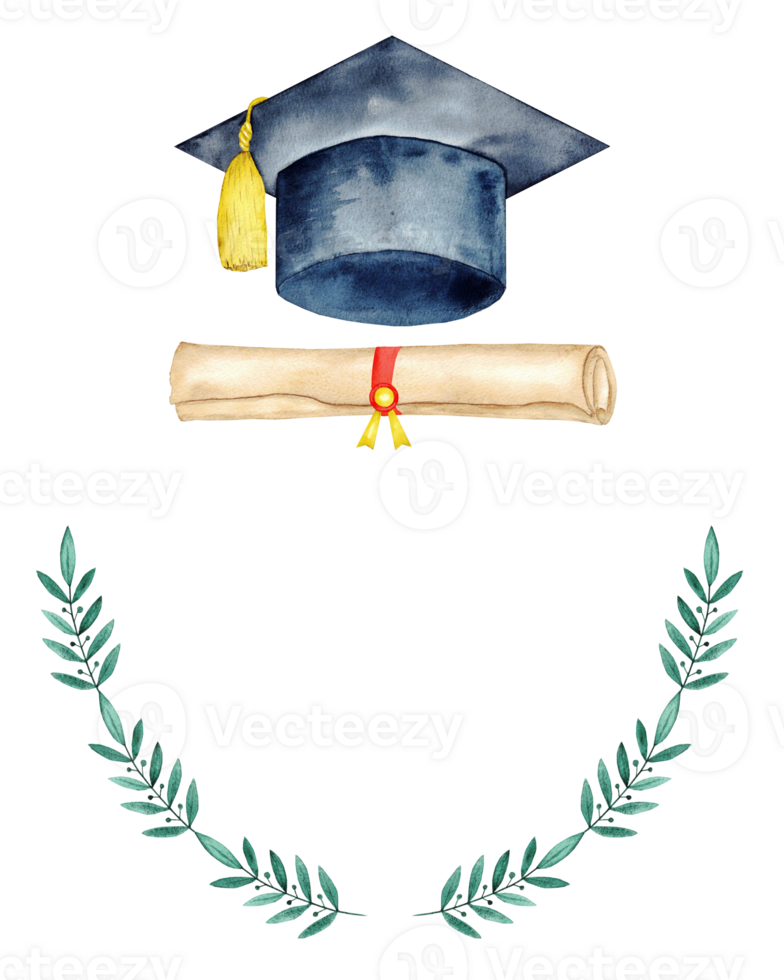 Graduation template with cap, diploma, and laurel leaves for celebration design. End of course. For certificate, diploma, invitation, card. Education concept. University, institute, school png