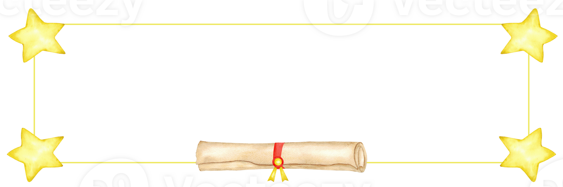 Horizontal banner with scroll and stars for festive celebrations, graduation. Frame for educational design. Invitation, poster, card. Isolated illustration. Template for education concept. Copy space png