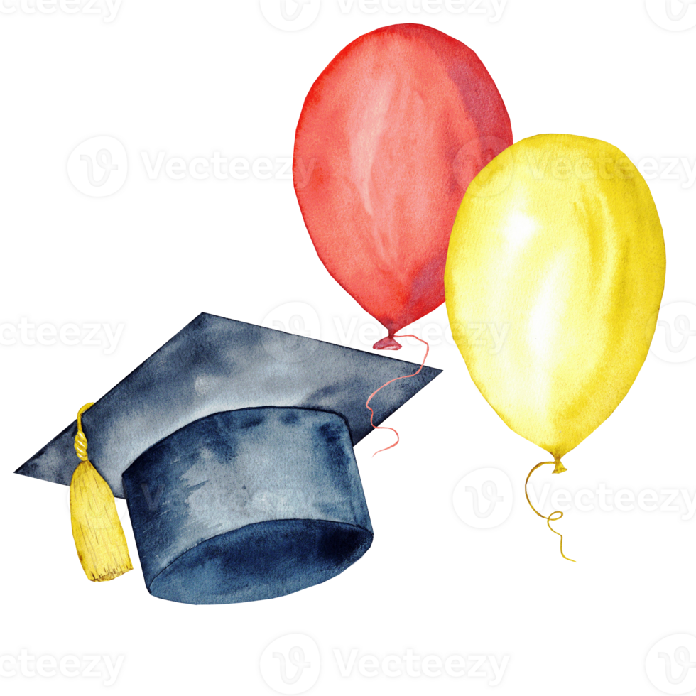 Graduation celebration with cap and colorful balloons for party decor. Watercolor illustration for banner, poster, certificate, diploma, invitation, card. Isolated. Education concept. End of course png