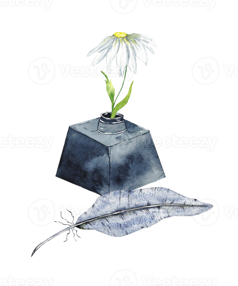 Vintage inkwell with feather and daisy for artistic design. End of course. Back to school. For certificate, diploma, invitation, card. Isolated. Education concept. University, institute, school png