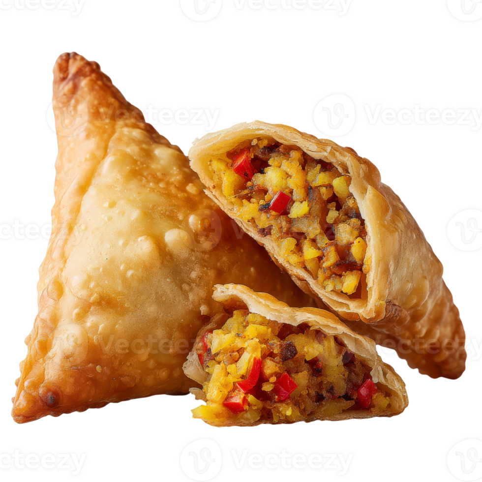 A close up of two samosas with meat and vegetables png