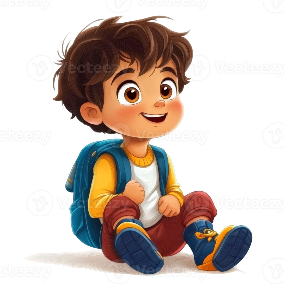 Cartoon boy sitting with backpack png
