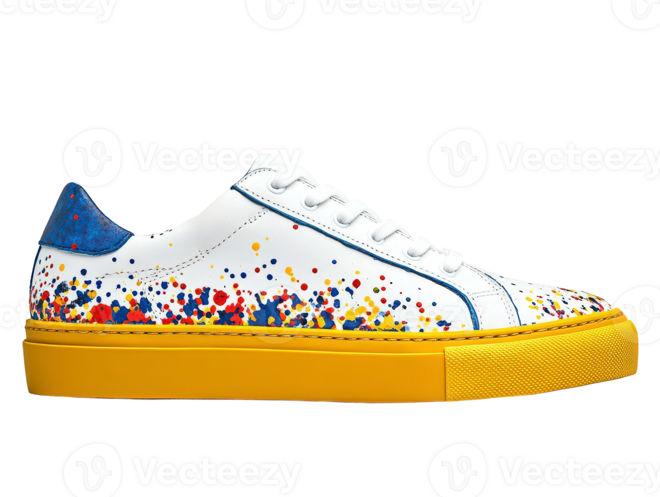 A white sneakers with blue and yellow splatters png