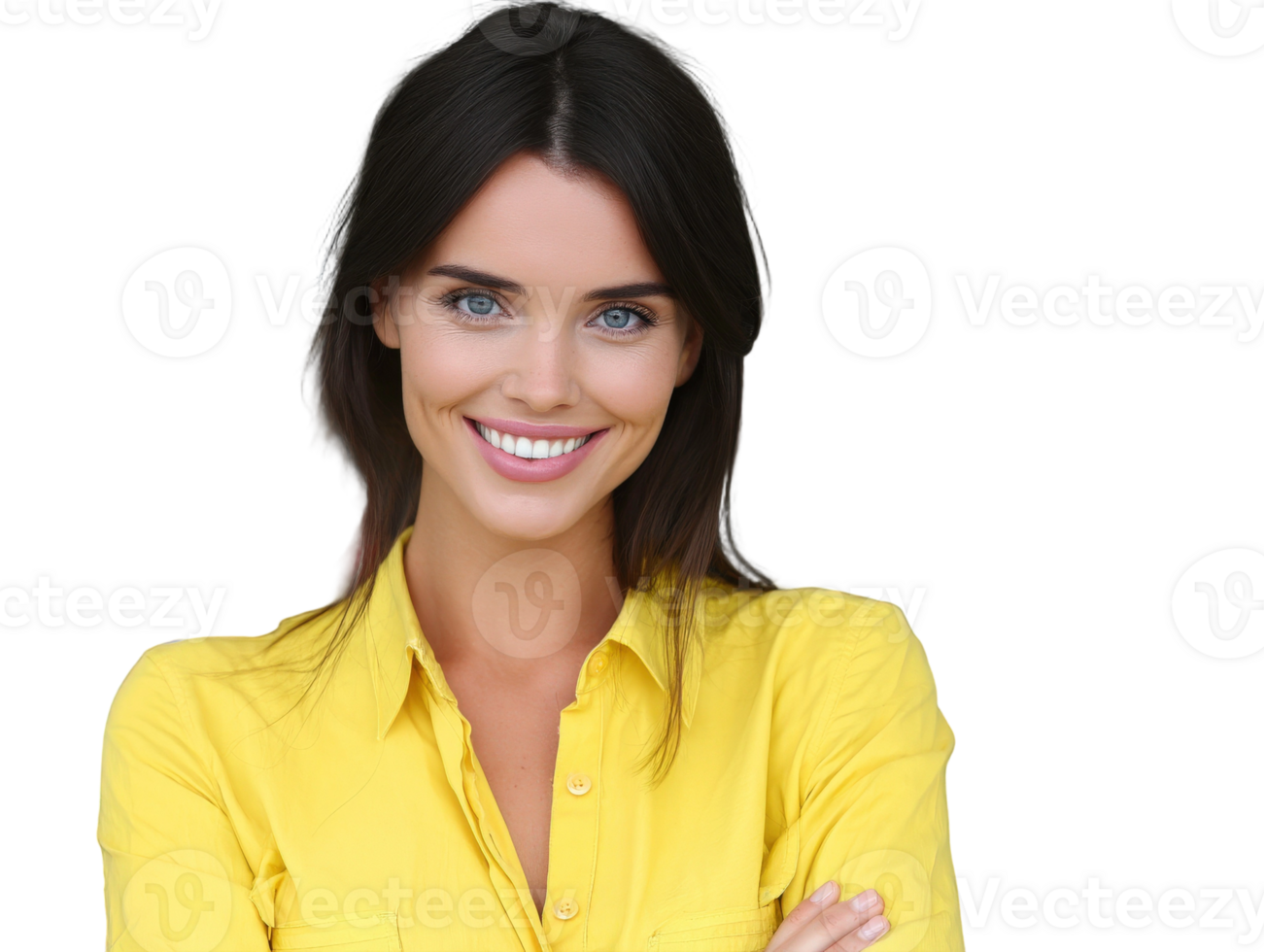A woman in a yellow shirt is smiling png