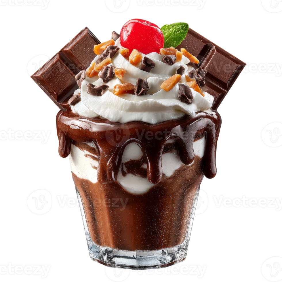 A chocolate sundae with whipped cream and chocolate png