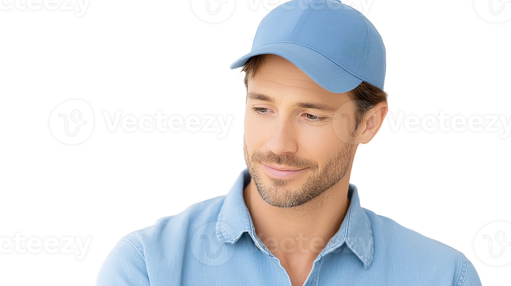 A man wearing a blue shirt and a blue cap png