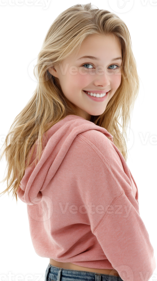 A beautiful young woman in a pink hoodie png